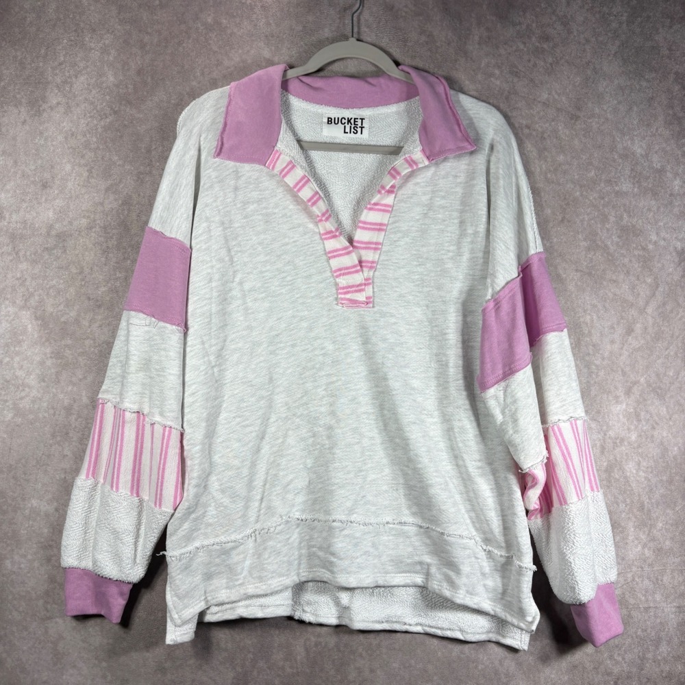 Bucket List Sweatshirt Womens Size Small Gray Pink Pullover Raw Hem Striped Boho